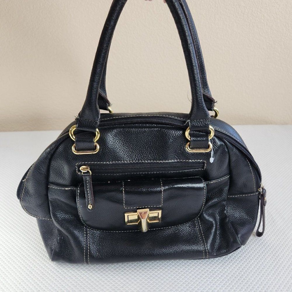 Tignanello Black Leather Striped Lining Satchel Tote Handbag Purse Top Handle